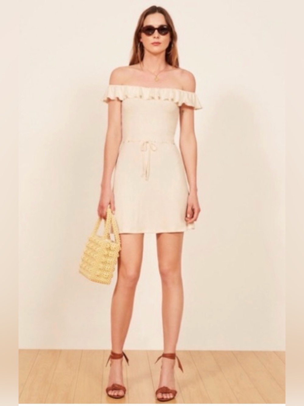 Reformation Grenada Off Shoulder Ribbed Mini Dress Cream Blush S